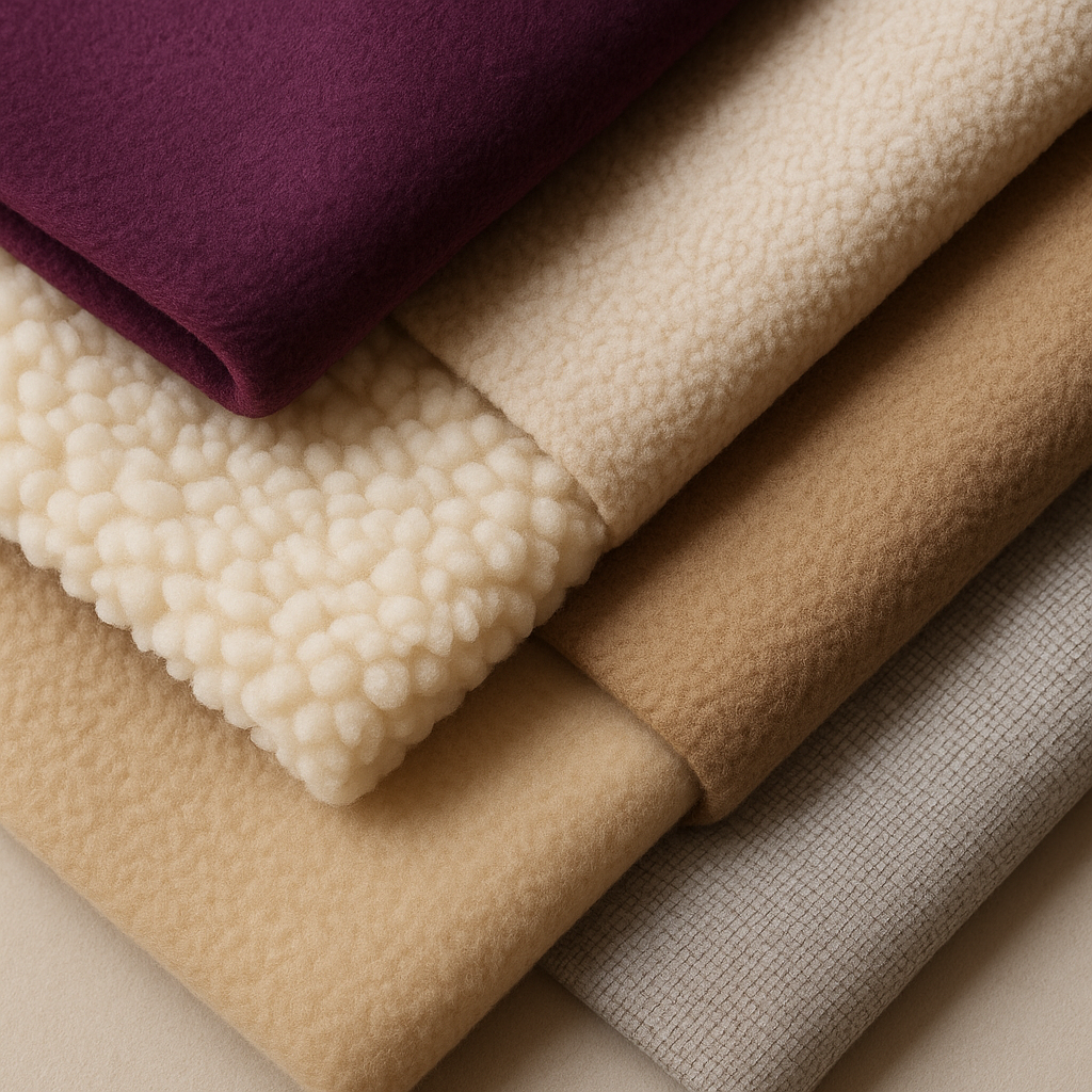 Premium textile fabrics including PC Velour, Sherpa, and Polar Fleece